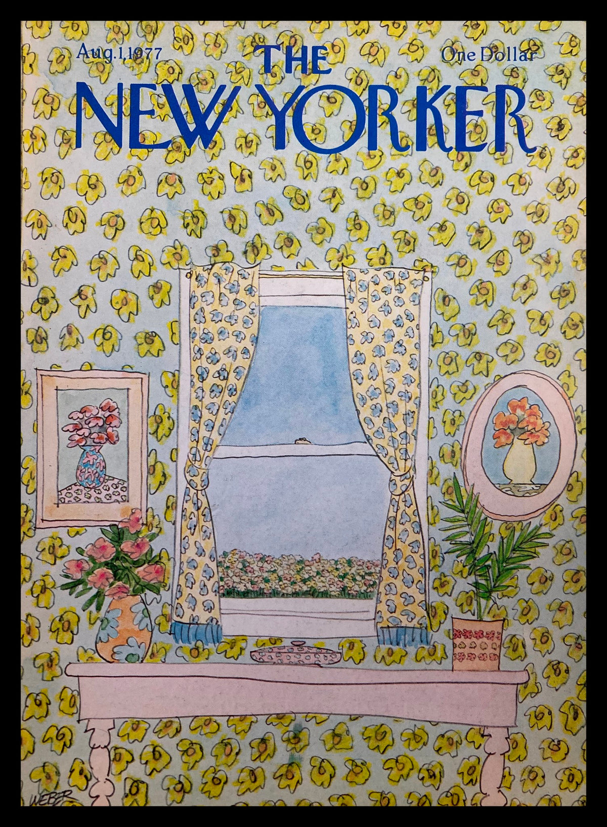 Cover only The New Yorker August 11 1977 featuring a colorful interior scene with a window framed by floral curtains, decorated with a framed vase of flowers, and a floral wallpaper background, illustrated by Robert Weber.