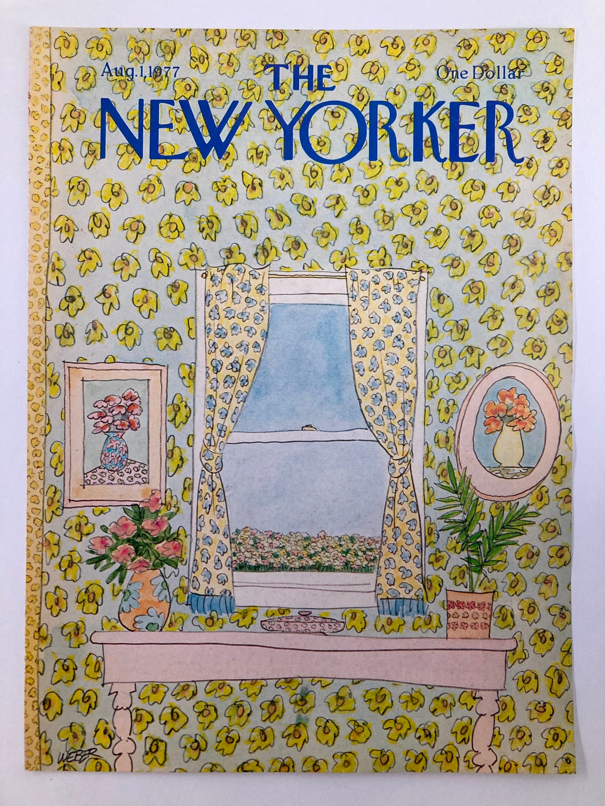 Cover of The New Yorker magazine from August 11, 1977 featuring a colorful flower wall illustration by Robert Weber. The design includes a window view, floral patterns, and decorative elements, showcasing a vibrant and artistic layout.