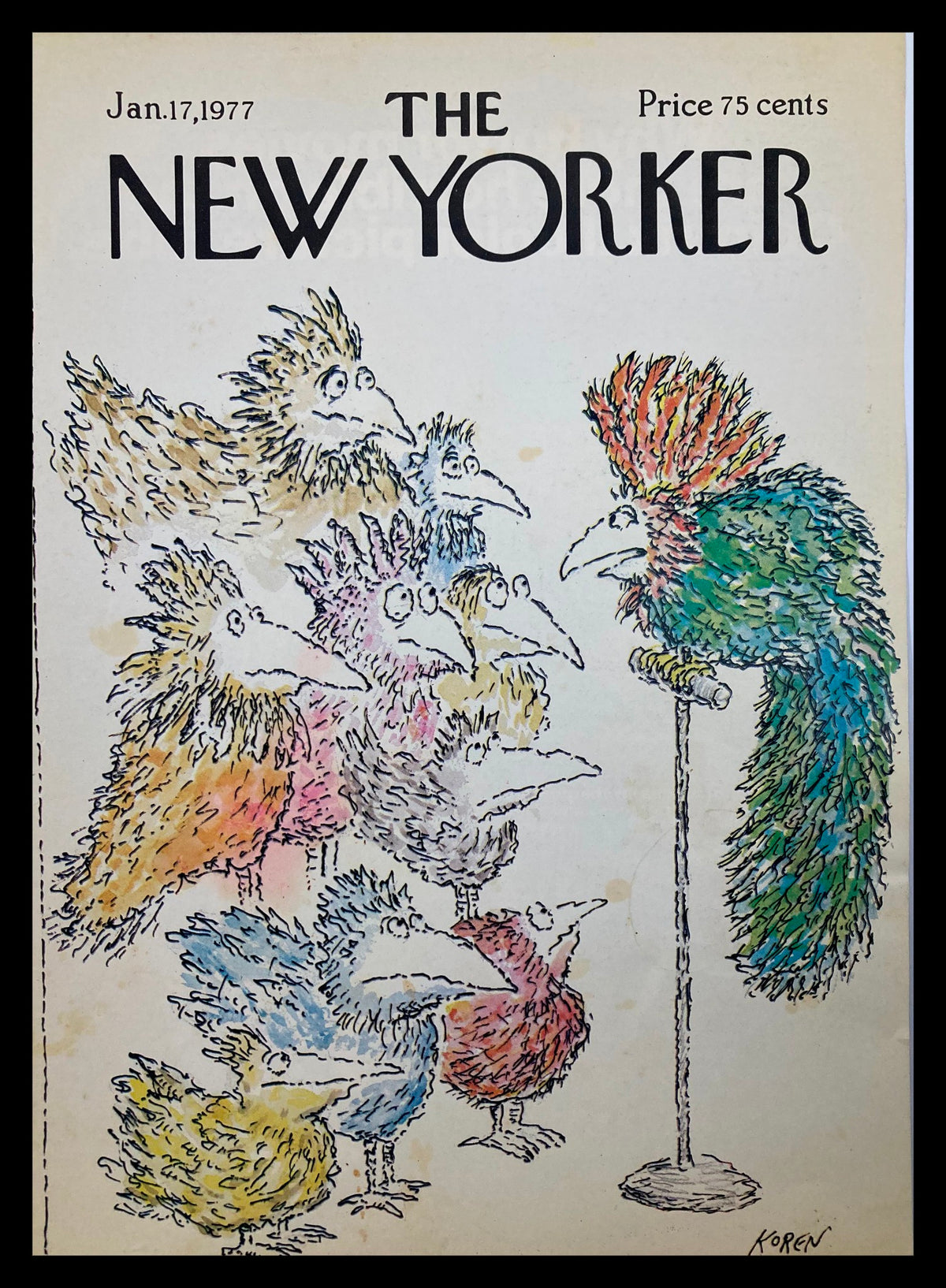 Cover art of The New Yorker magazine dated January 17, 1977, featuring a whimsical illustration titled 'Feather Meeting' by E. Koren, depicting colorful cartoon birds in a comical gathering.
