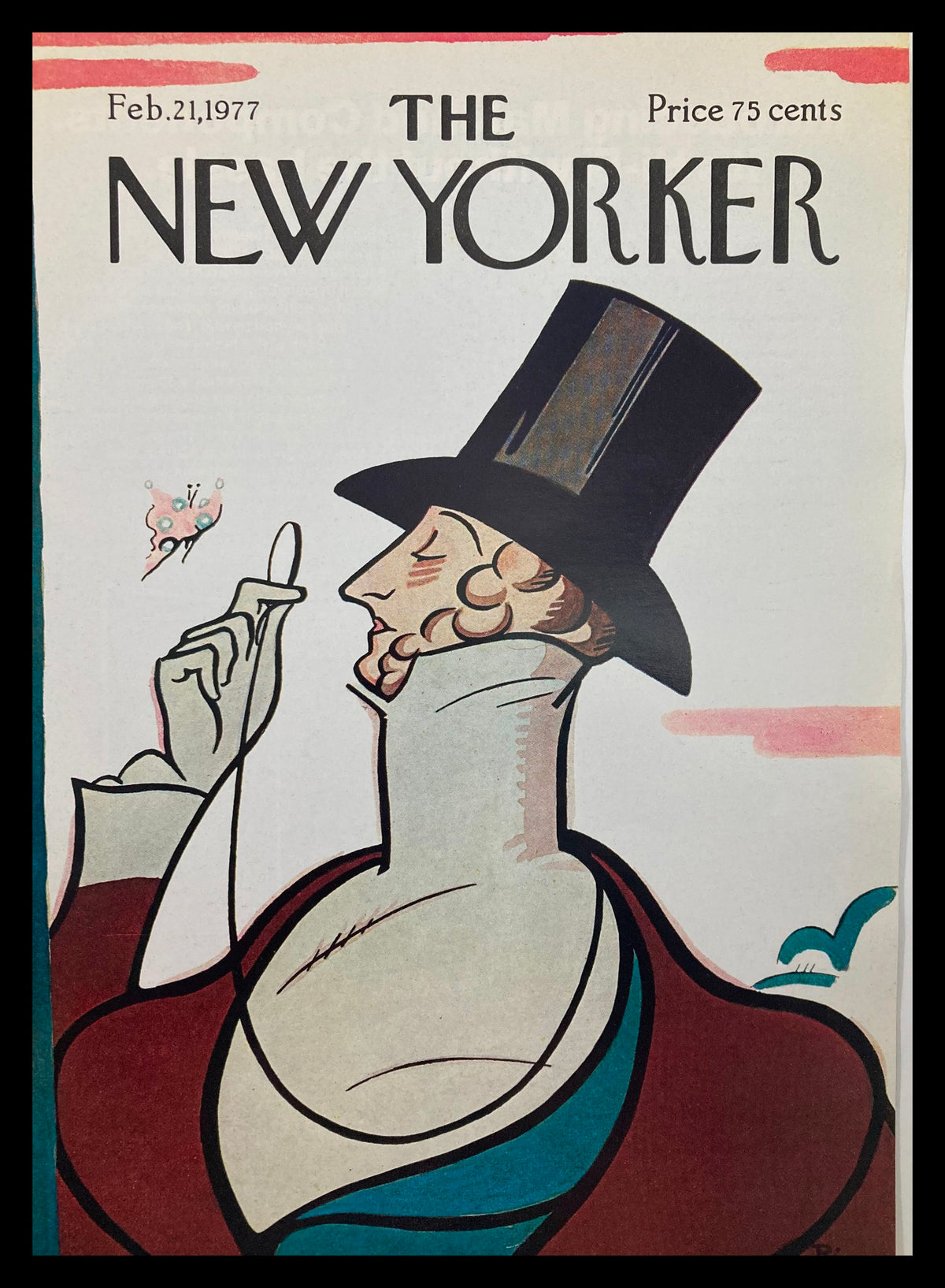 The New Yorker Cover February 21 1977 Eustace Master by Rea Irvin featuring an elegant man in a top hat, holding a cigarette, showcasing distinctive illustration style.