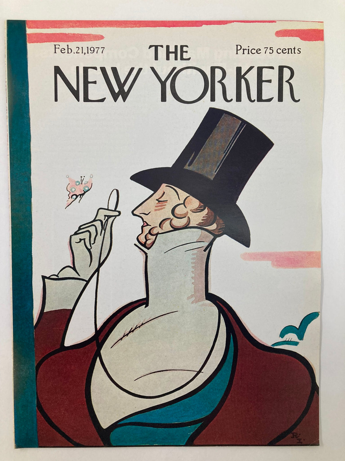The New Yorker Cover February 21 1977 Eustace Master by Rea Irvin illustrating a sophisticated character with a top hat, capturing the magazine's vintage artistic charm.