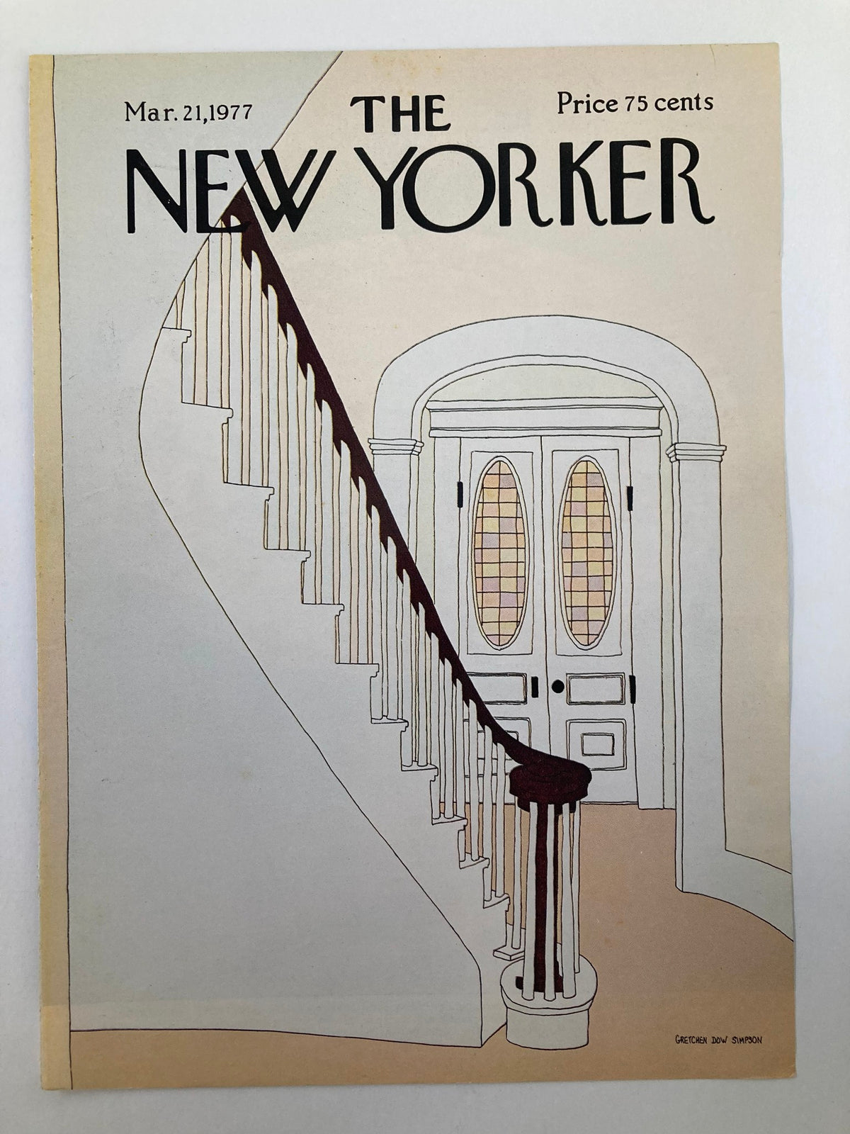 Cover only of The New Yorker, March 21, 1977, showcasing an artistic depiction of white stairs and a decorative door, created by G. D. Simpson. Good condition, no label.