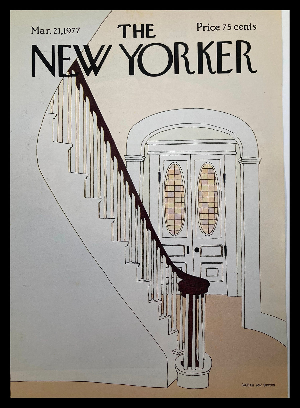 Cover only of The New Yorker, March 21, 1977, featuring a minimalist illustration of a staircase and door, by G. D. Simpson. No label, in good condition.
