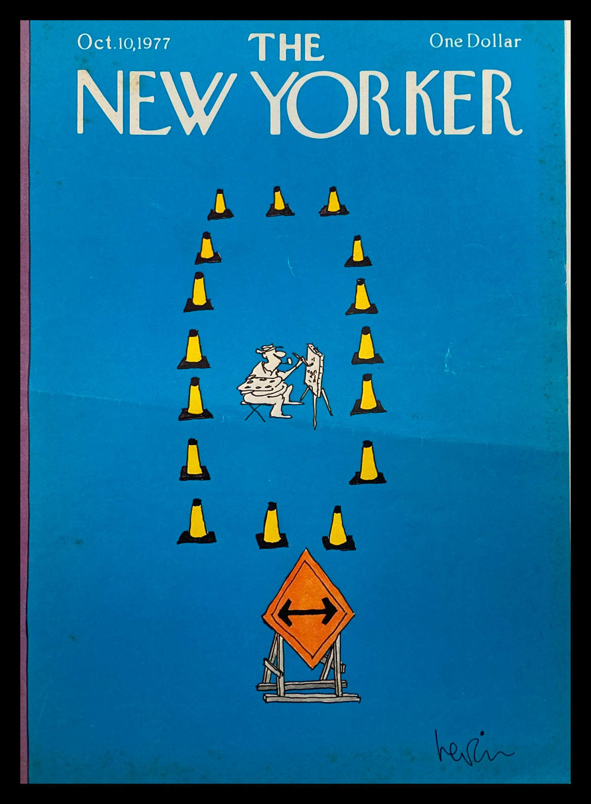 Cover of The New Yorker magazine, October 10, 1977, featuring the artwork 'Dead End' by Heidi Goennel, depicting a whimsical scene with traffic cones and an orange directional sign.