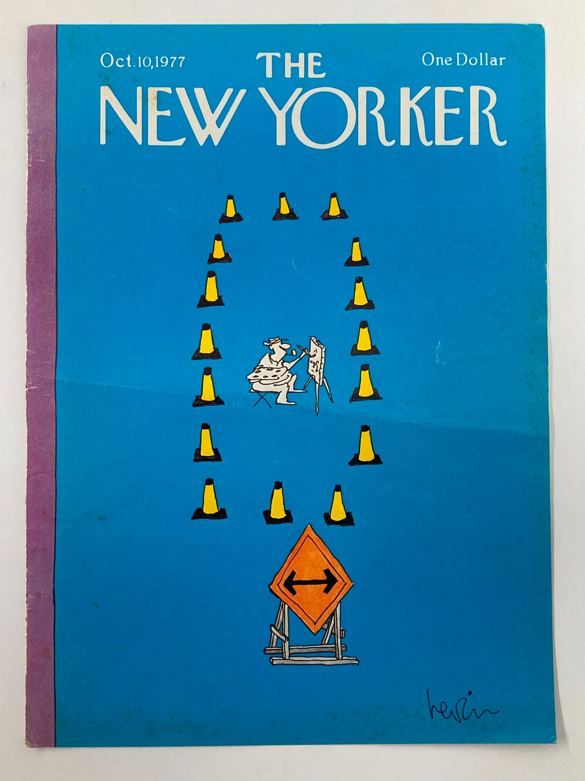 Front view of The New Yorker magazine cover, October 10, 1977, showcasing the creative illustration 'Dead End' by Heidi Goennel, with humorous elements including traffic cones and a painter.