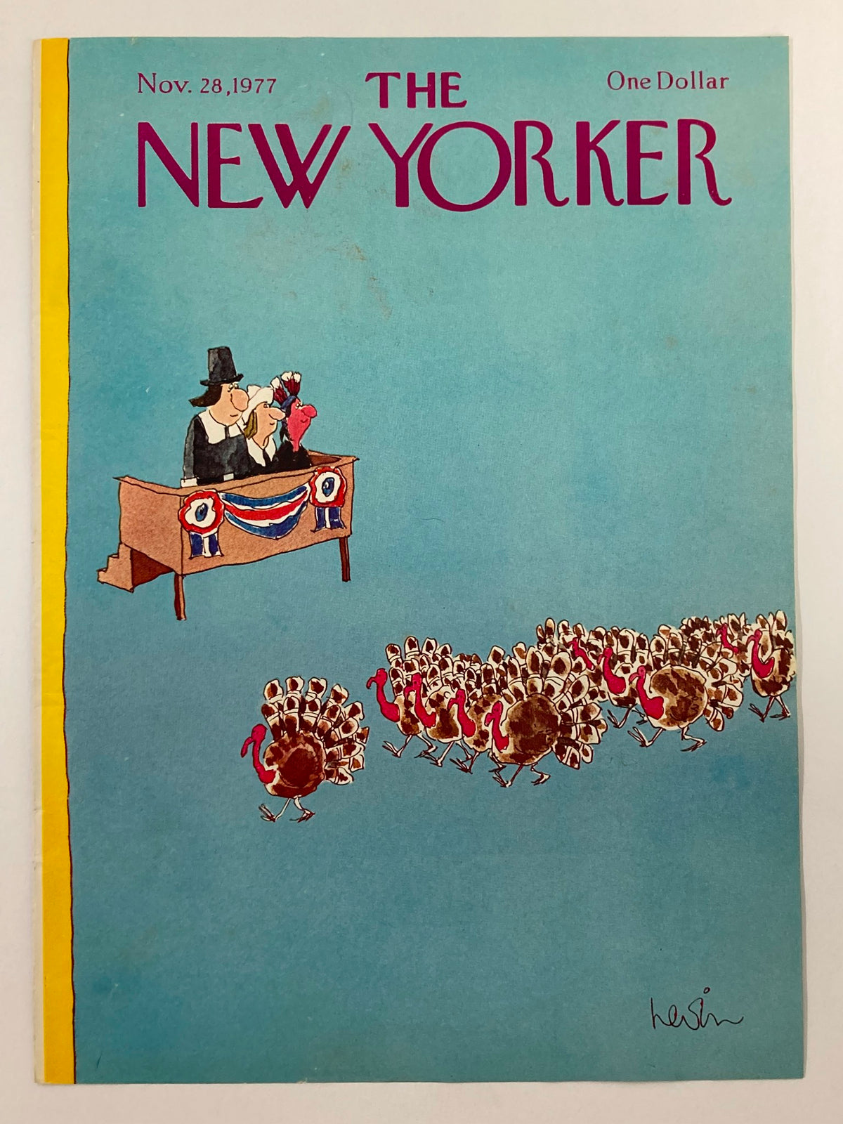 Cover only of The New Yorker November 28 1977 showcasing a whimsical depiction of a Turkey Parade, with turkeys parading and figures at a decked-out podium.