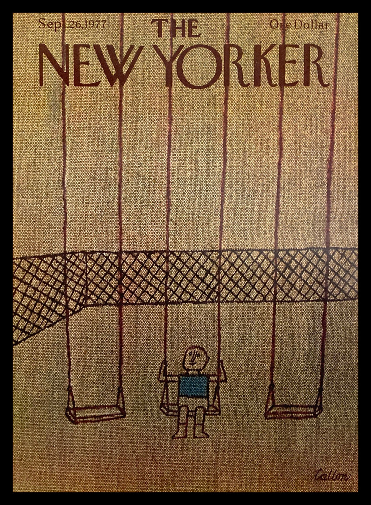The New Yorker September 26 1977 cover designed by Robert Tallon featuring a child on a swing set, showcasing a nostalgic and artistic representation of the theme 'Swing'.
