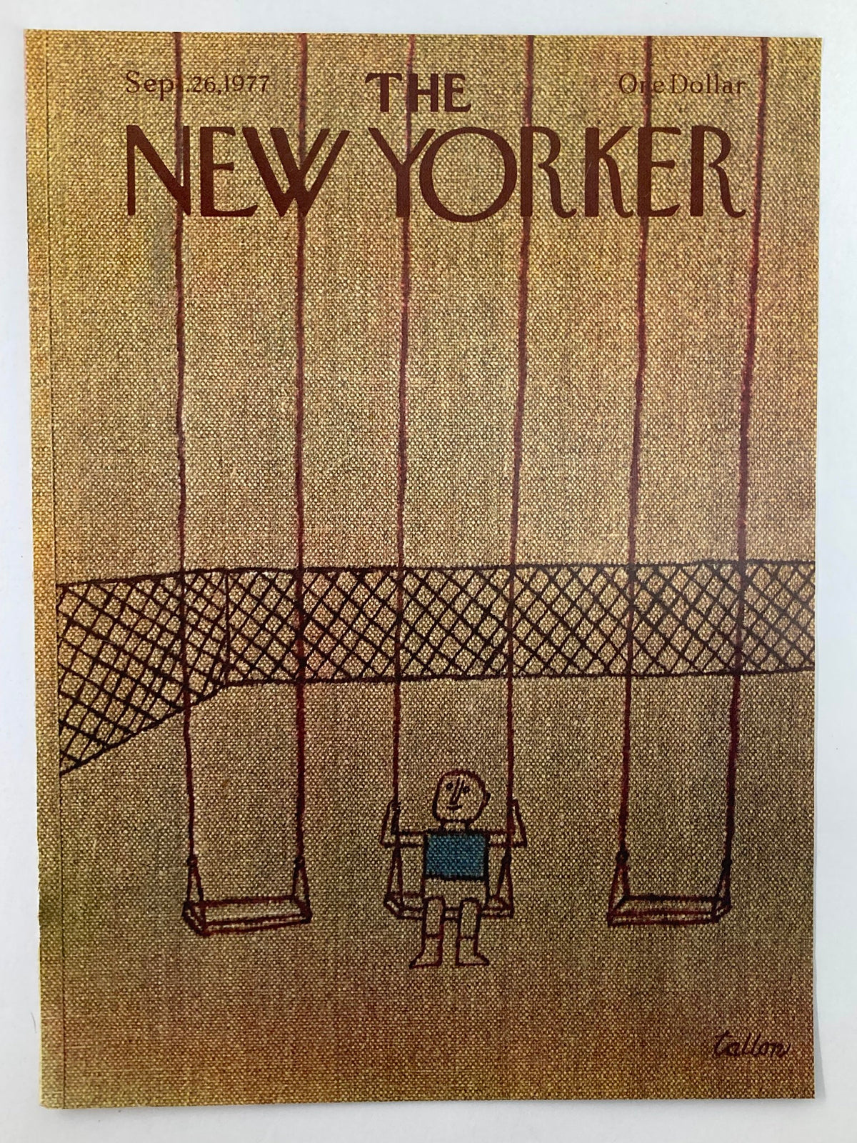 The New Yorker September 26 1977 cover by Robert Tallon depicting a whimsical illustration of a child sitting on a swing, evoking a sense of vintage charm.