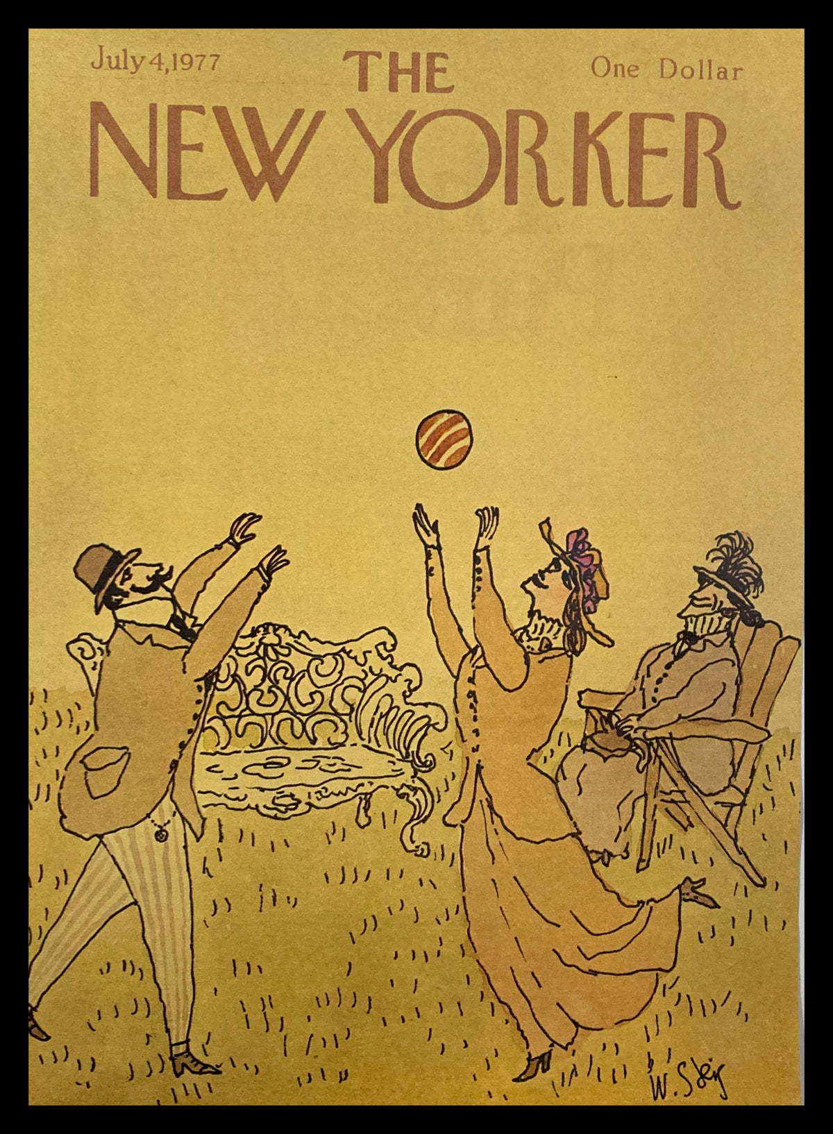 Cover illustration from The New Yorker July 4 1977 titled 'Play Ball' by William Steig, featuring a whimsical scene of three characters enjoying a game, set in a lush green background.