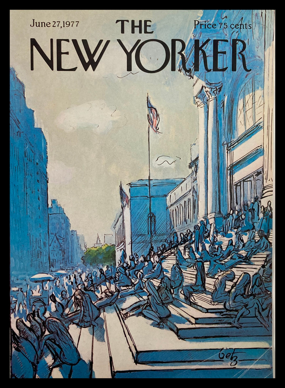 Cover of The New Yorker magazine from June 27, 1977, featuring artwork 'Outside Met' by Arthur Getz, illustrating urban life with people seated on steps with a view of city architecture.