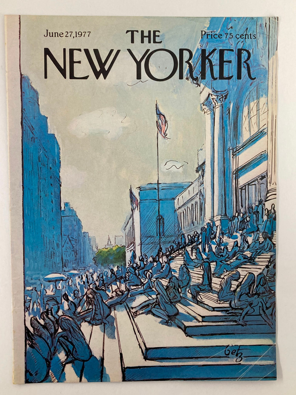 Cover only The New Yorker June 27, 1977, featuring the artwork 'Outside Met' by Arthur Getz, depicting a lively urban scene with crowds around iconic architecture.