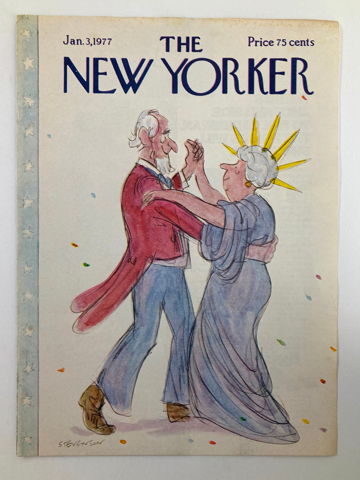Cover of The New Yorker January 3, 1977, titled 'Sam & Liberty', showcasing a playful depiction of two figures celebrating, perfect for collectors and art enthusiasts.