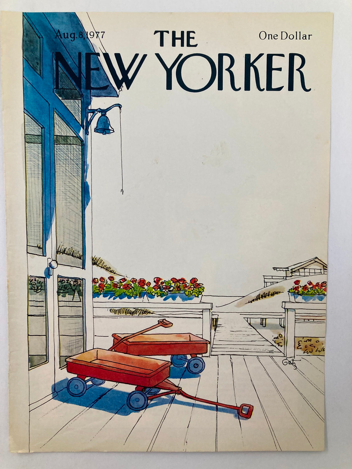 COVER ONLY The New Yorker August 8 1977 featuring the iconic Red Cart illustration by Arthur Getz, showcasing two red wagons on a porch with colorful flowers in the background.