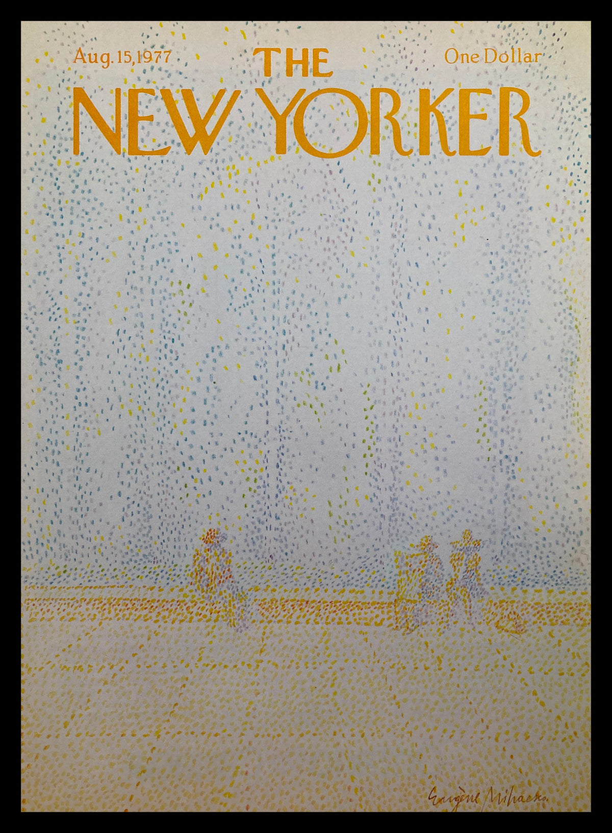 Cover of The New Yorker dated August 15, 1977, titled 'Dots' by Eugene Mihaesco, featuring colorful polka dots and figures, perfect for vintage art collectors.