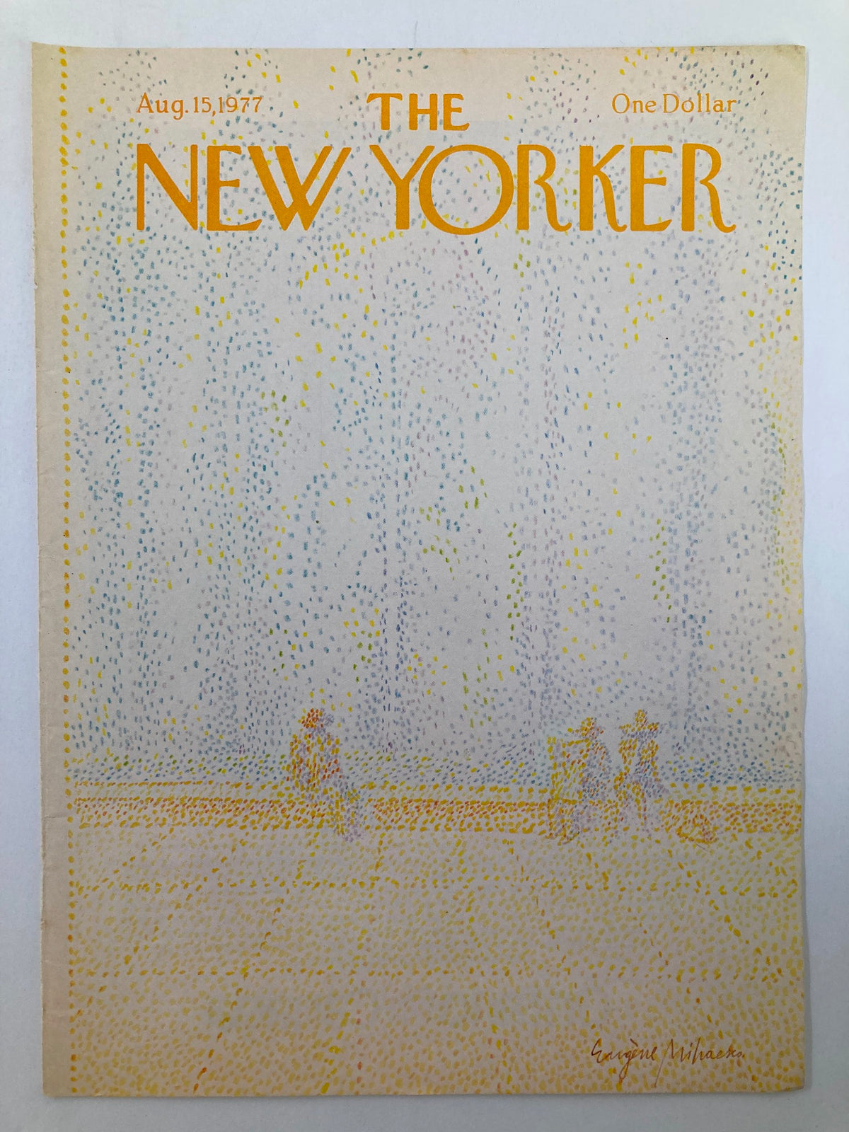 The New Yorker cover from August 15, 1977, featuring abstract polka dot artwork by Eugene Mihaesco. This vintage magazine cover showcases a unique artistic design, perfect for collectors.