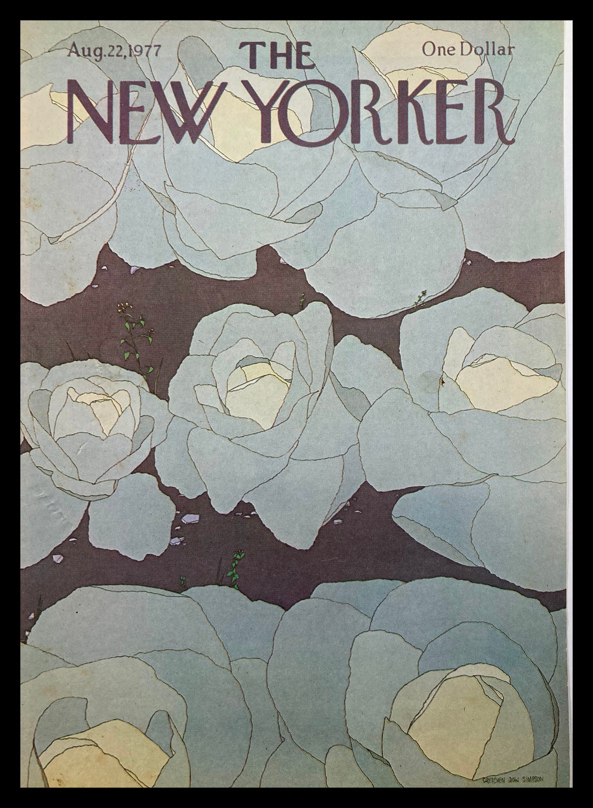 Cover of The New Yorker, dated August 22, 1977, featuring a tranquil illustration of cabbages by artist Gretchen Simpson.