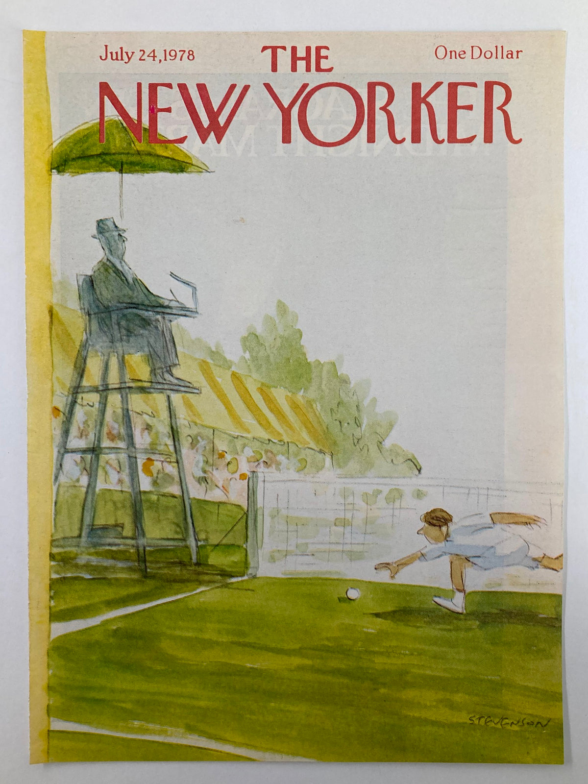 Cover of The New Yorker from July 24, 1978, showcasing an illustration by James Stevenson of a tennis match. The scene shows a player reaching for a tennis ball, with an umpire sitting under an umbrella in the background.