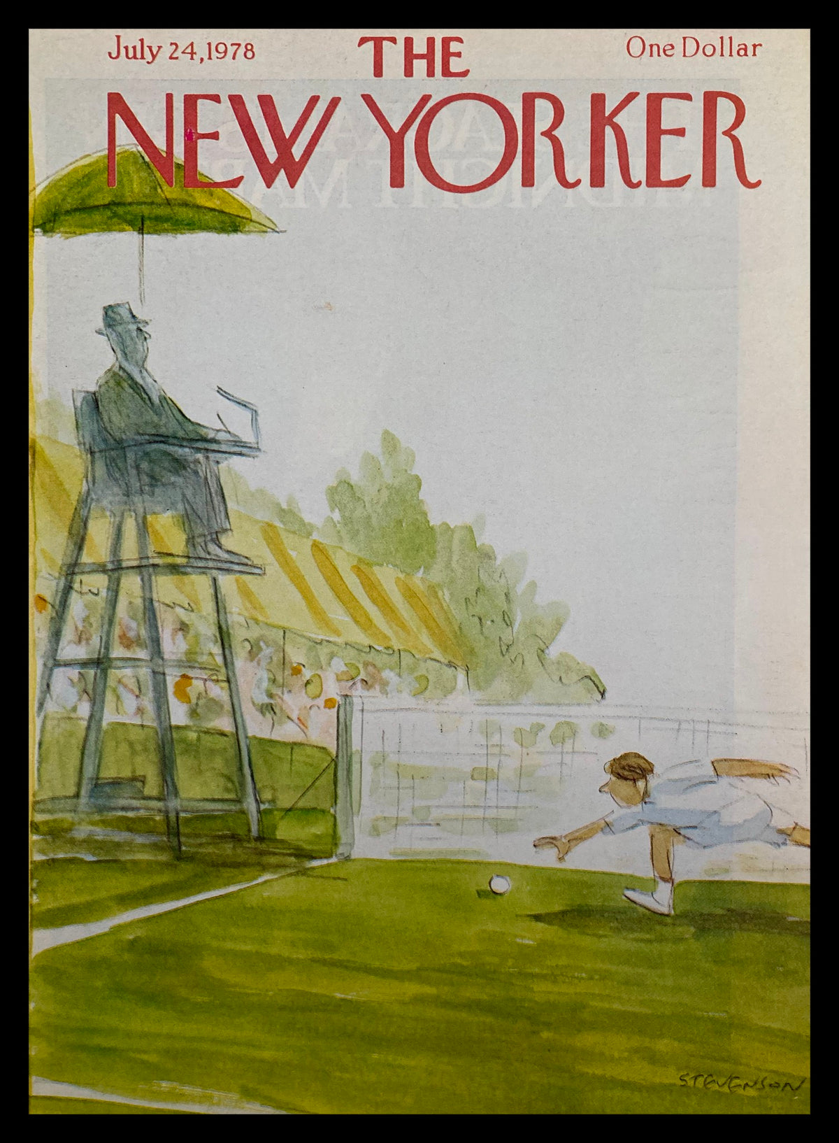 Cover of The New Yorker dated July 24, 1978, featuring a tennis game illustration by James Stevenson. The artwork depicts a tennis player diving for a ball while a seated umpire observes from an elevated chair under an umbrella.