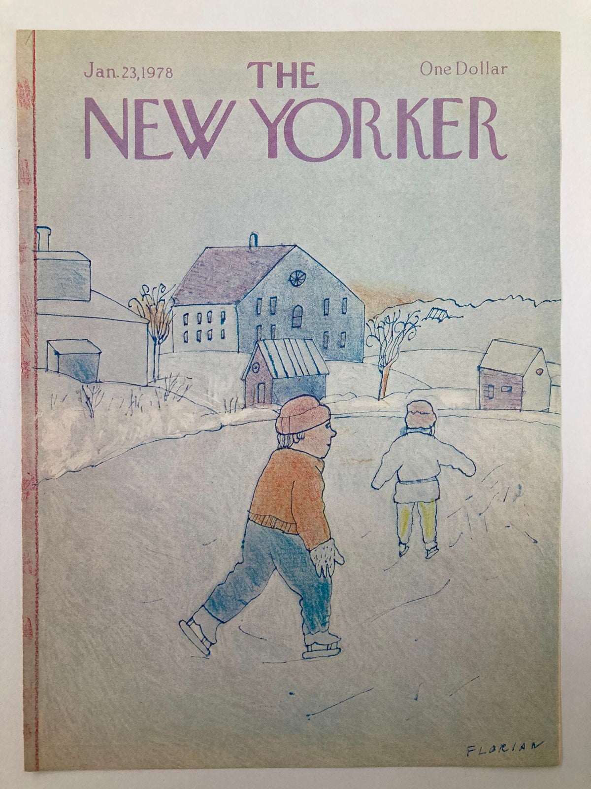 COVER ONLY The New Yorker January 23 1978 featuring the artwork 'Play in the Snow' by Florian, depicting children skating in a snowy landscape with pastel colors and charming winter scenery.
