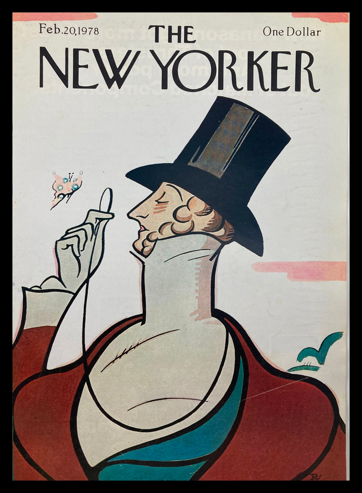 COVER ONLY The New Yorker February 20 1978 featuring the artwork by Rea Irvin, showcasing a gentleman in a top hat holding a small object, with vibrant colors and engaging design.