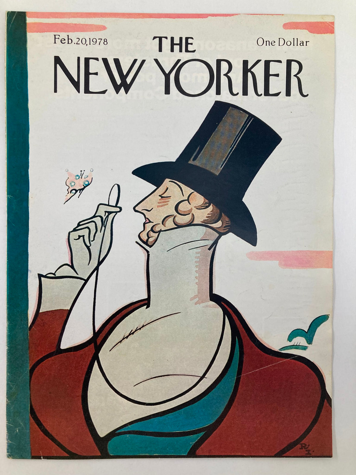 COVER ONLY The New Yorker February 20 1978 artwork by Rea Irvin, depicting a stylish gentleman in a top hat, capturing the essence of the magazine's vintage aesthetic.