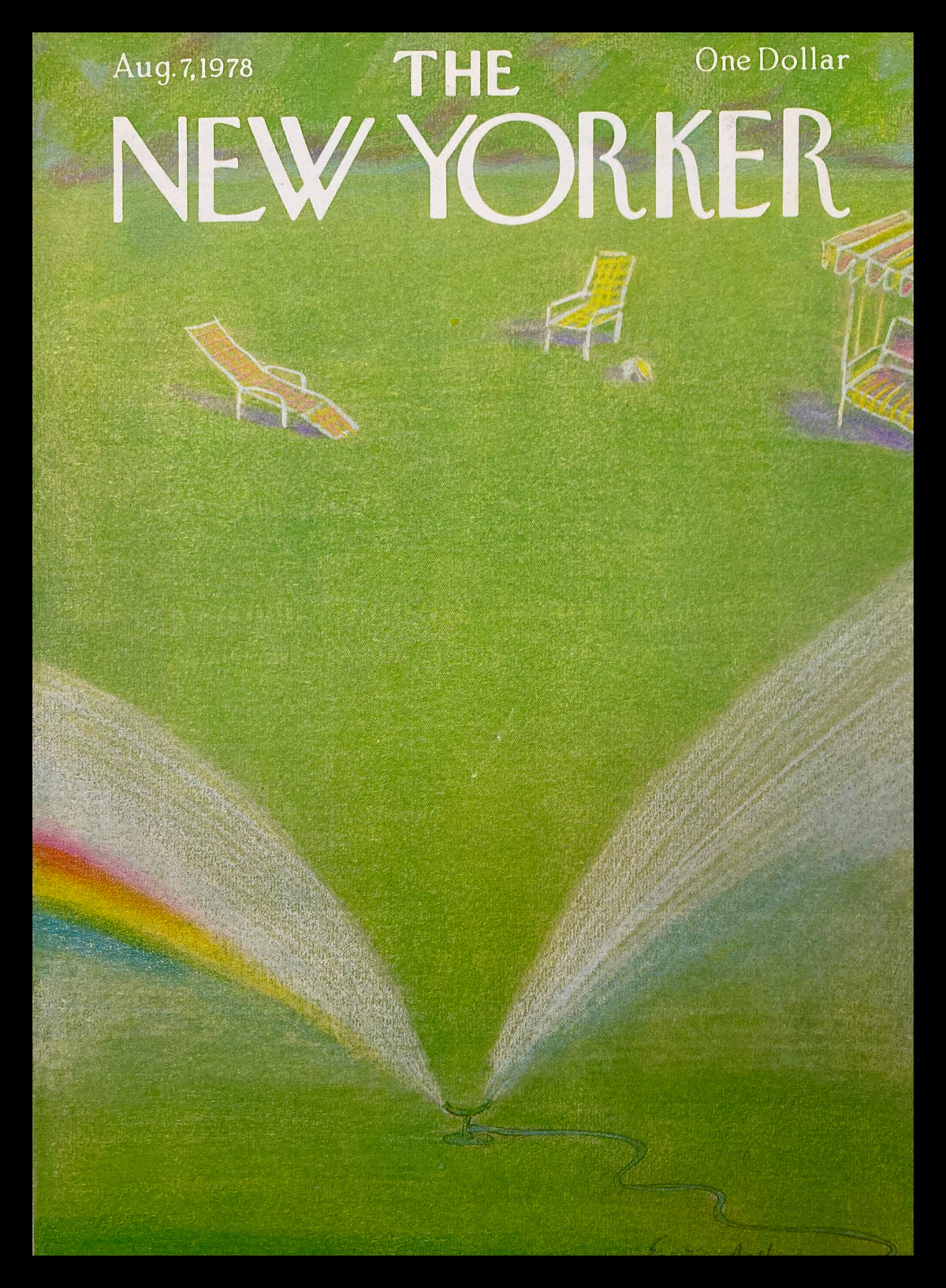 The New Yorker Cover from August 7, 1978, titled 'Sprinkler' featuring a vibrant green background, two sprinklers creating a rainbow, and lounge chairs, illustrating Eugene Mihaesco's whimsical art style.