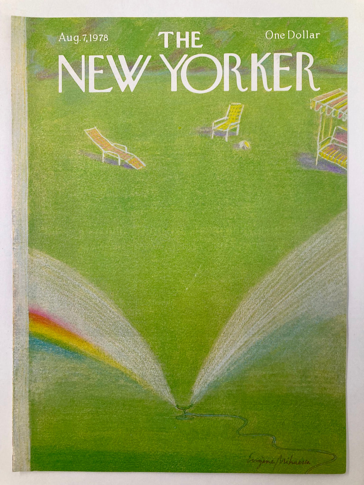 The New Yorker Cover dated August 7, 1978, showcasing 'Sprinkler' by Eugene Mihaesco, highlighting a playful scene with lawn sprinklers and sun loungers, captured in pastel colors.