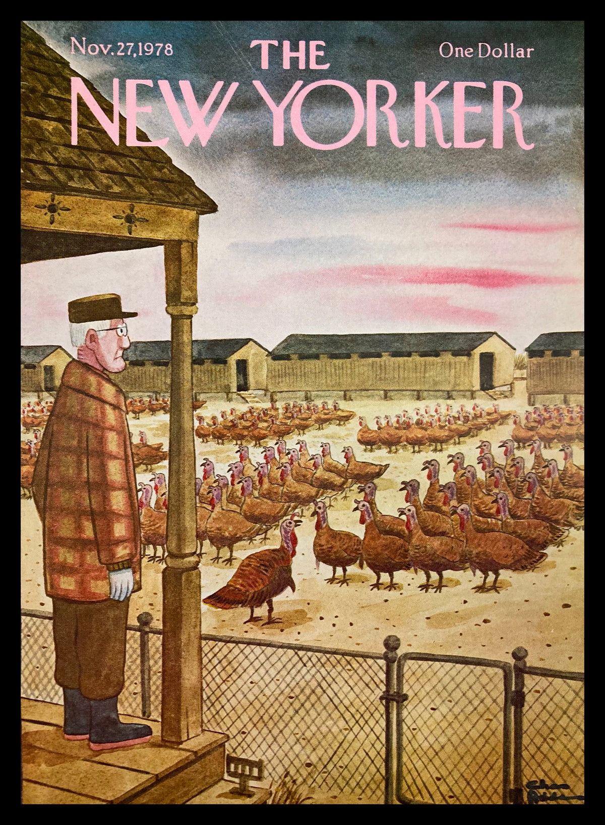 Cover of The New Yorker dated November 27, 1978, featuring a whimsical illustration of a Turkey Farm by Chas Addams, depicting a man observing a flock of turkeys in a farm setting.