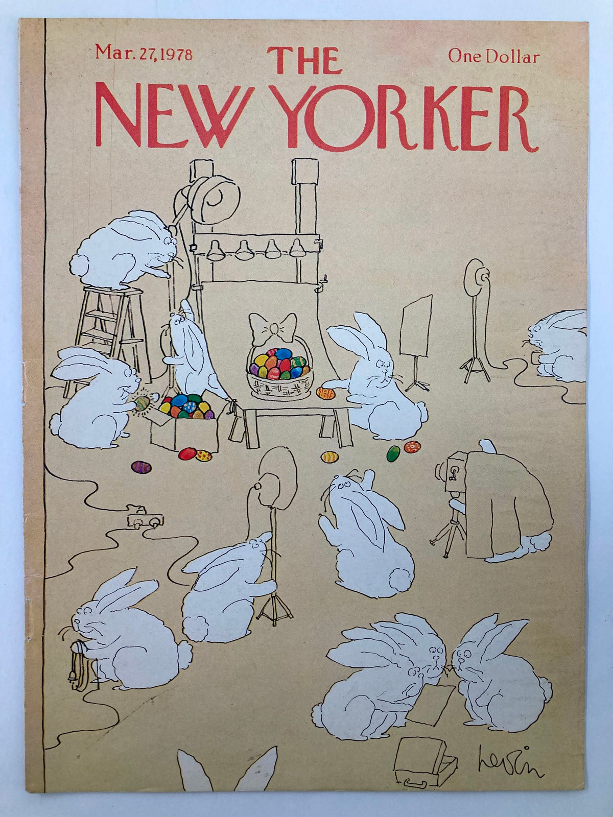 The New Yorker March 27, 1978 cover art displaying charming Easter Bunnies by Heidi Goennel, illustrating a creative scene filled with bunnies and colorful eggs in a nostalgic style.