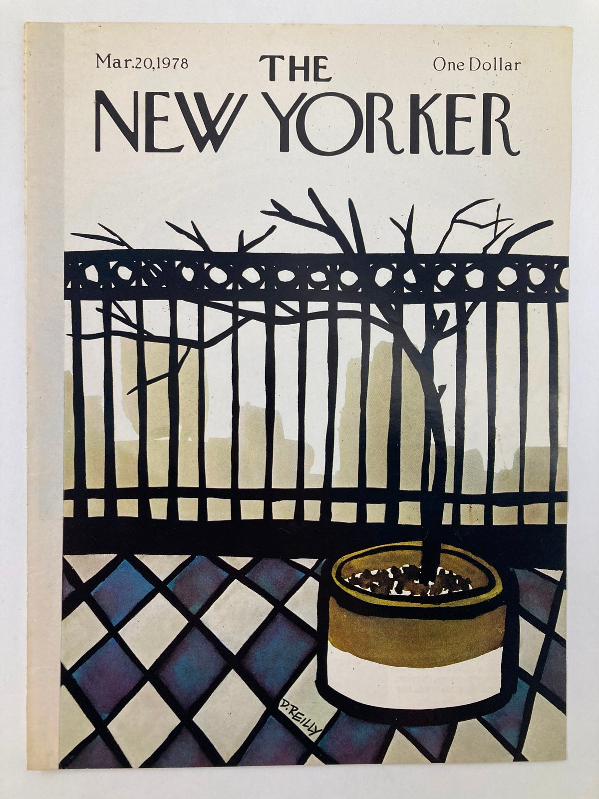 COVER ONLY The New Yorker March 20 1978 Lonely by Donald Reilly, showcasing a vintage magazine cover with an artistic depiction of a bare tree in a pot and a decorative fence.