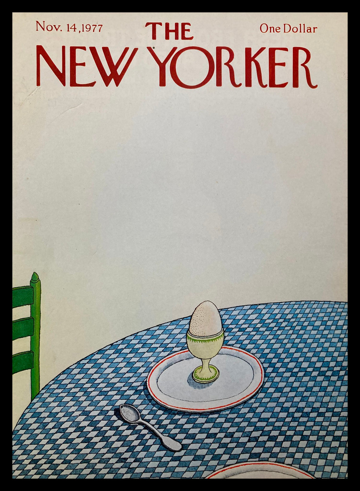 Cover of The New Yorker dated November 14, 1977 featuring artwork titled 'Perfect Egg' by Pierre Le-Tan, showcasing a green chair, a blue checkered tablecloth, and an egg in an egg cup.