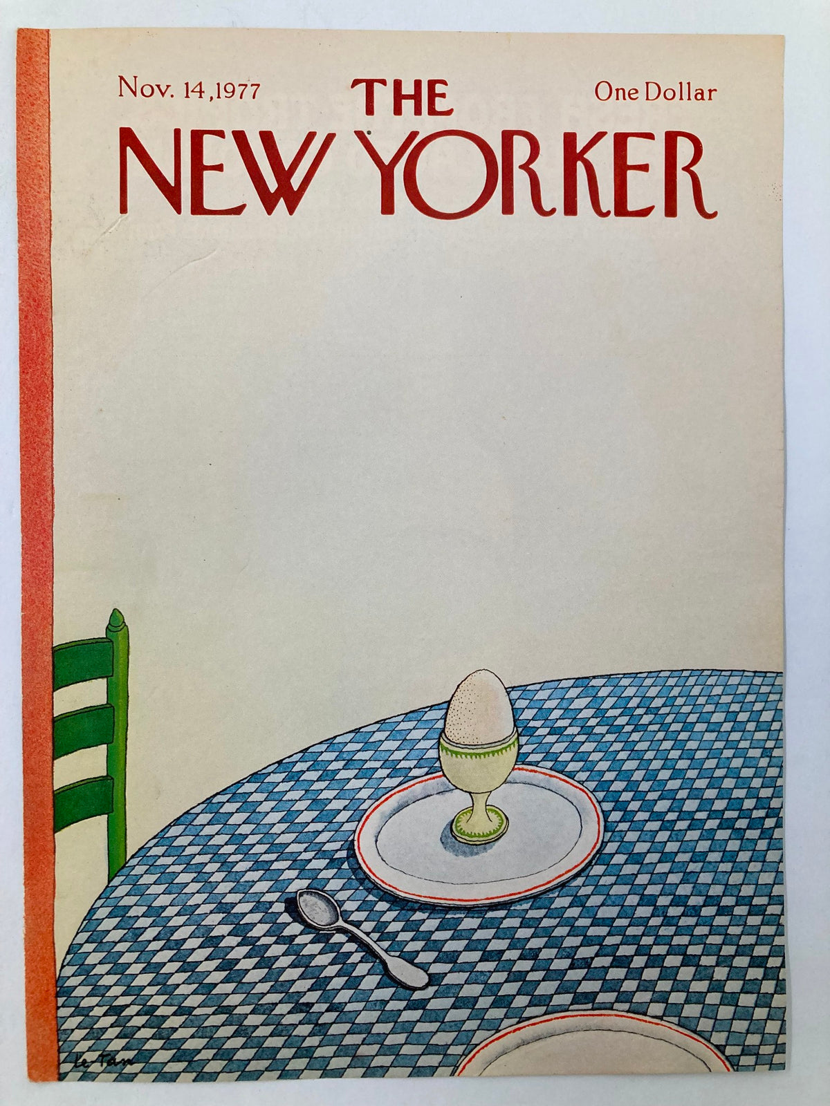 Cover of The New Yorker dated November 14, 1977 with the title 'Perfect Egg' by Pierre Le-Tan, displaying a green chair, a blue checkered table, and an egg atop a plate.