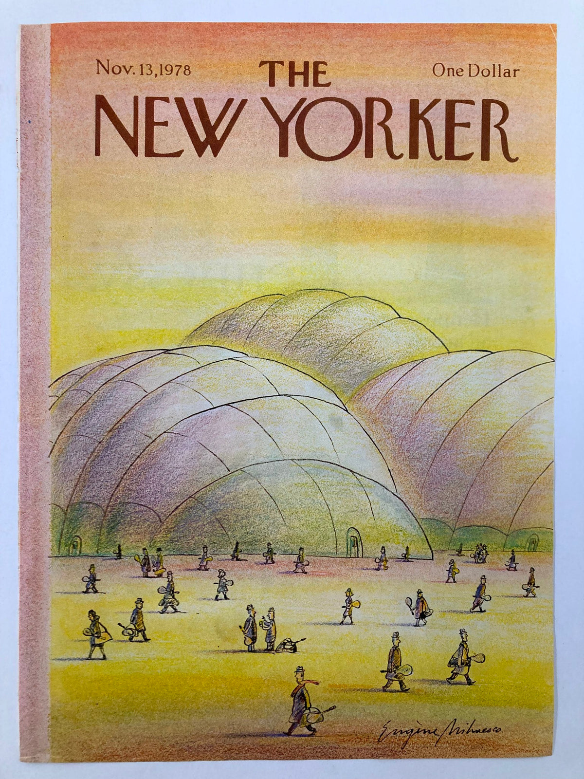 The New Yorker cover from November 13, 1978, titled The Dome by Eugene Mihaesco, showcasing colorful dome shapes and people in a whimsical landscape.