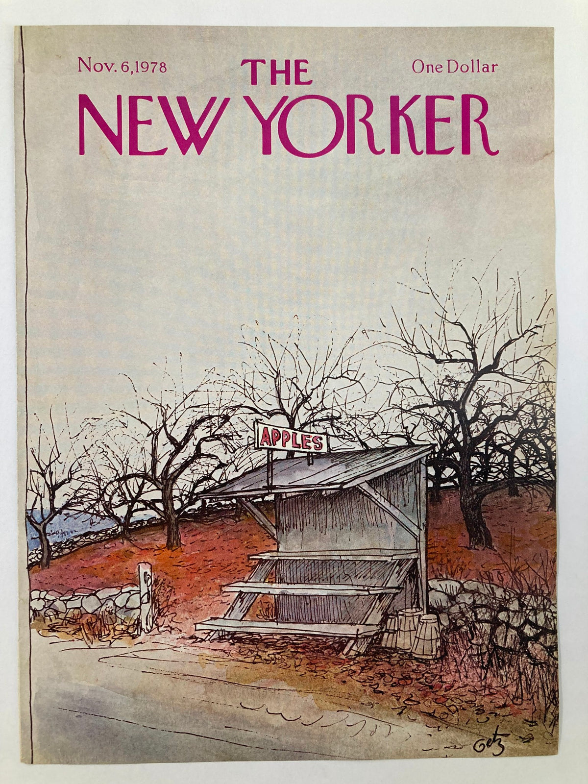 Cover only The New Yorker November 6 1978 with Arthur Getz's illustration depicting an apples stand amid a fall landscape, highlighting the iconic design typical of the magazine's 1970s era.