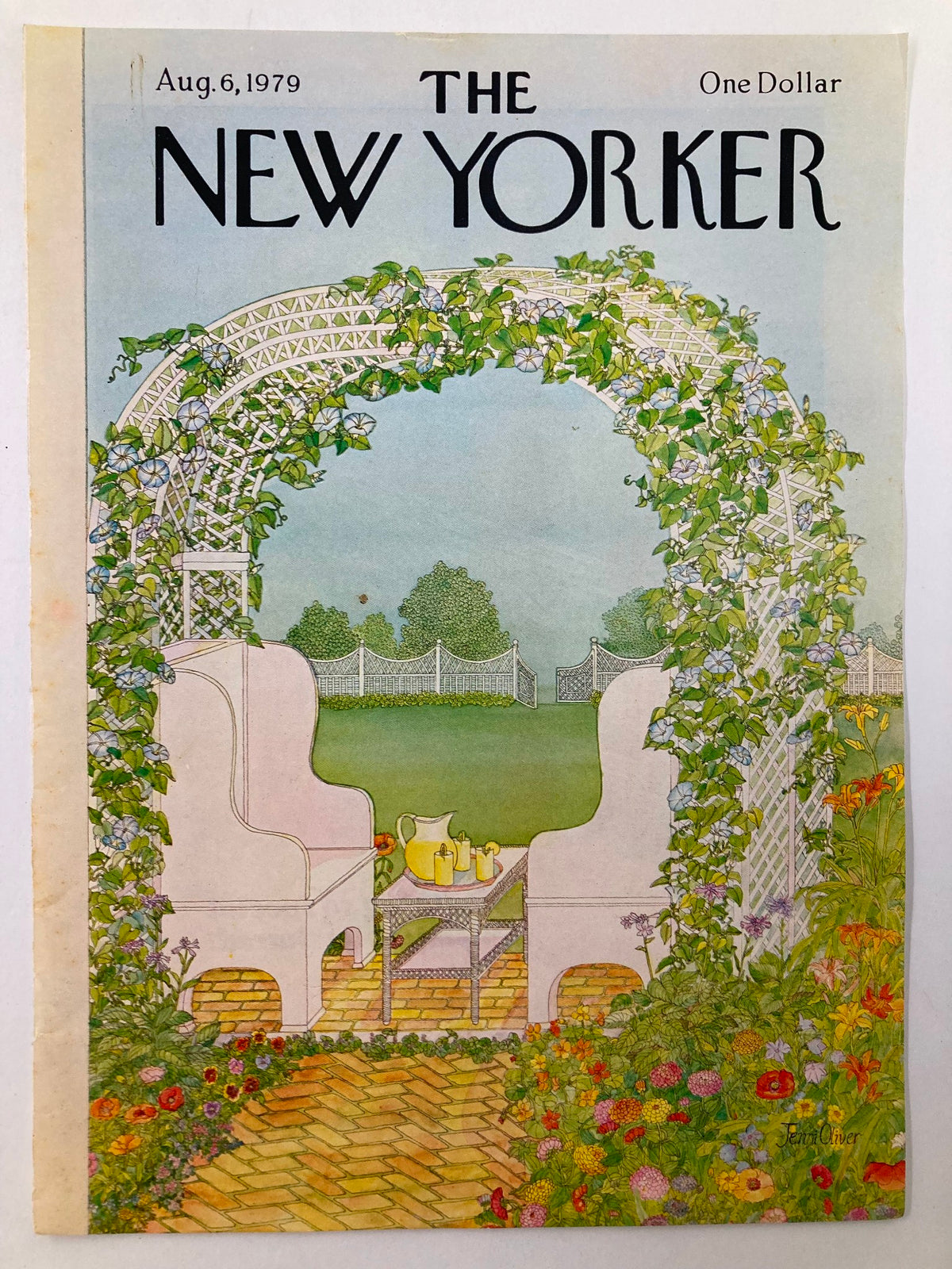 The New Yorker cover from August 6, 1979, illustrated by Jenni Oliver, depicting a serene garden view with a pathway, floral details, and patio furniture.