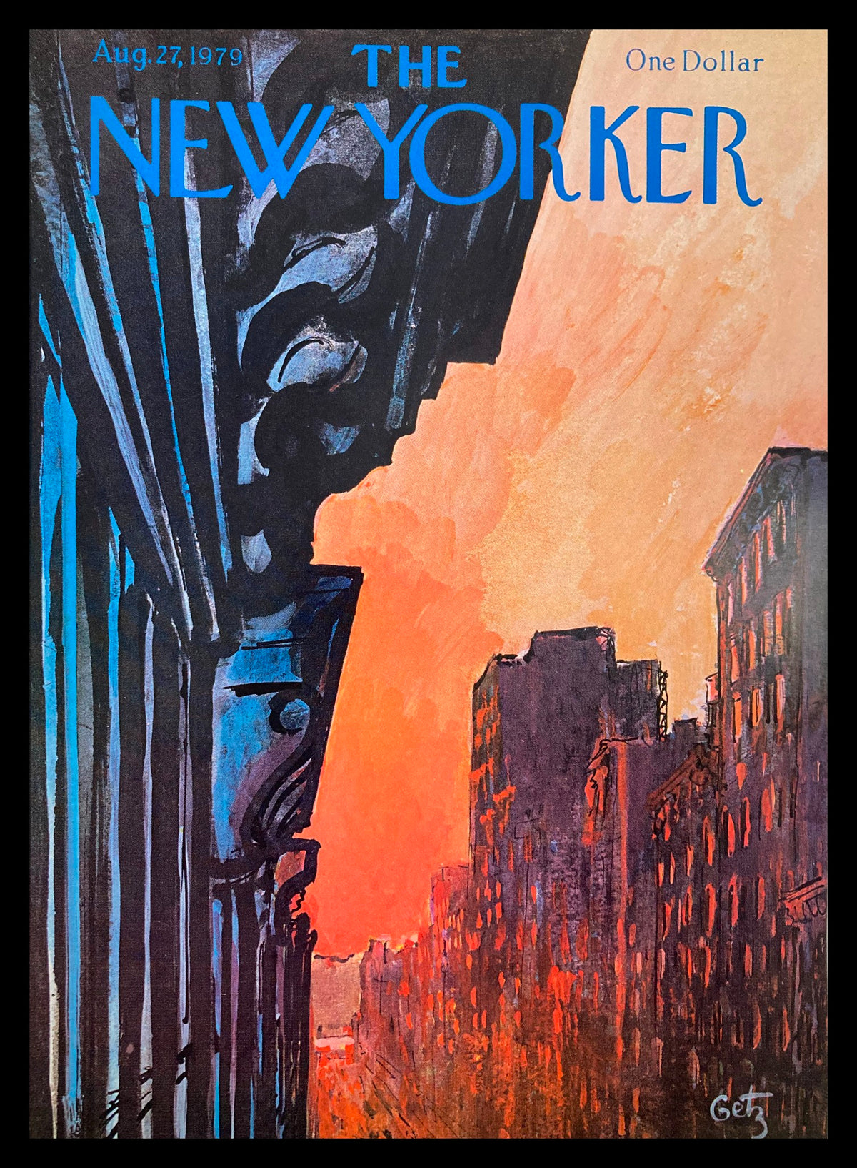 Cover from The New Yorker dated August 27, 1979, featuring the vibrant artwork "Red Sun" by Arthur Getz, showcasing an orange sunset over city buildings with artistic detailing.