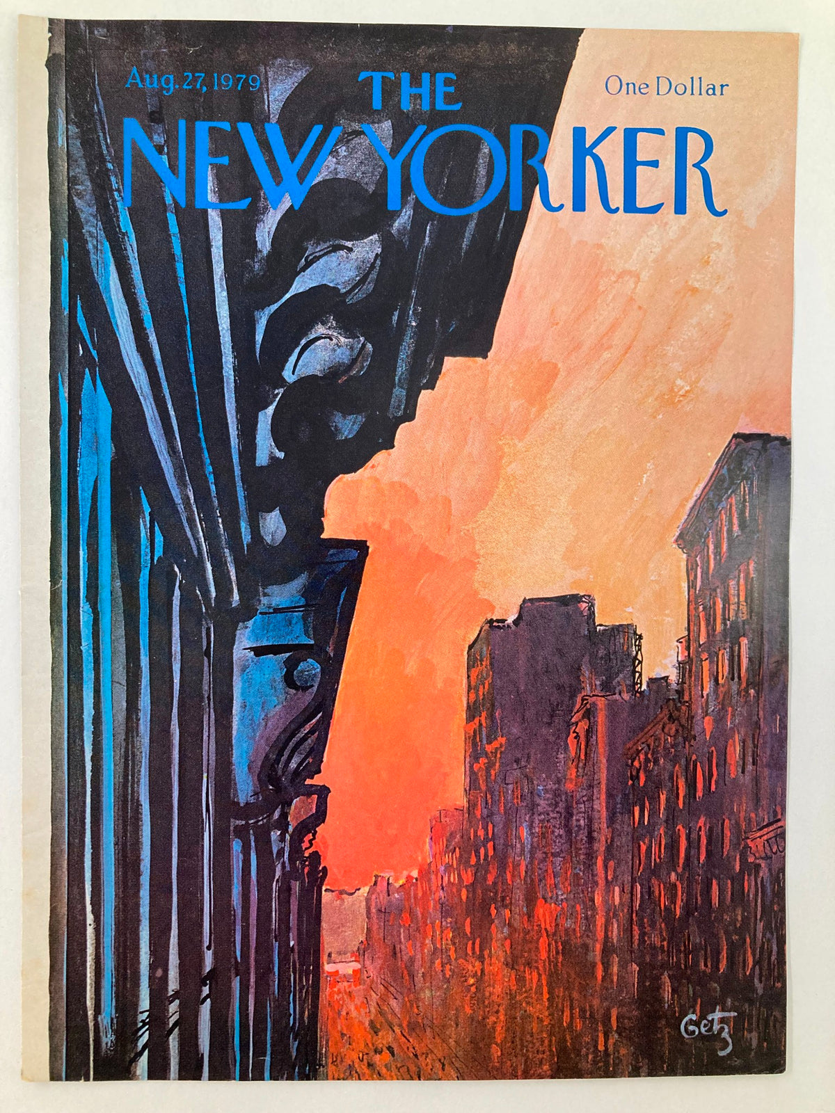 COVER ONLY The New Yorker August 27 1979 featuring 'Red Sun' artwork by Arthur Getz, showcasing a vibrant sunset over city buildings, ideal for art collectors and vintage magazine enthusiasts.