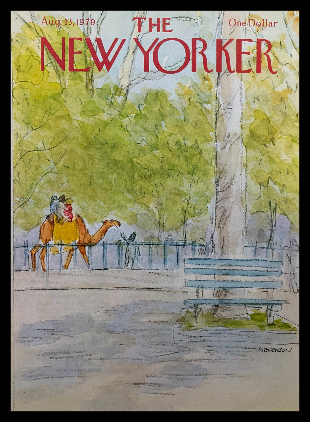 COVER ONLY The New Yorker August 13 1979 Camel Ride by James Stevenson, featuring a whimsical illustration of a camel with riders in a park setting, surrounded by lush greenery and a park bench.