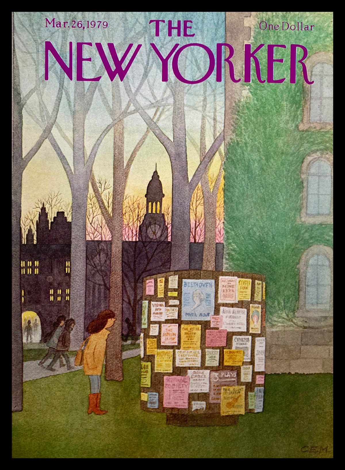 Cover of The New Yorker, March 26, 1979, featuring a scene with a woman gazing at a bulletin board surrounded by trees, showcasing artwork by Charles E. Martin.