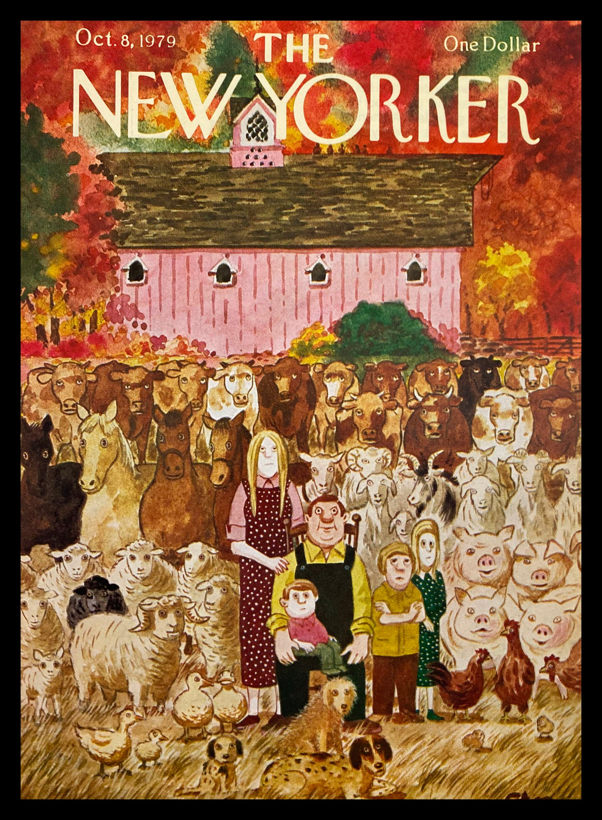 Cover of The New Yorker dated October 8, 1979 showcasing a Farm Family illustration by Chas Addams, featuring a vibrant scene with animals and a pink barn.