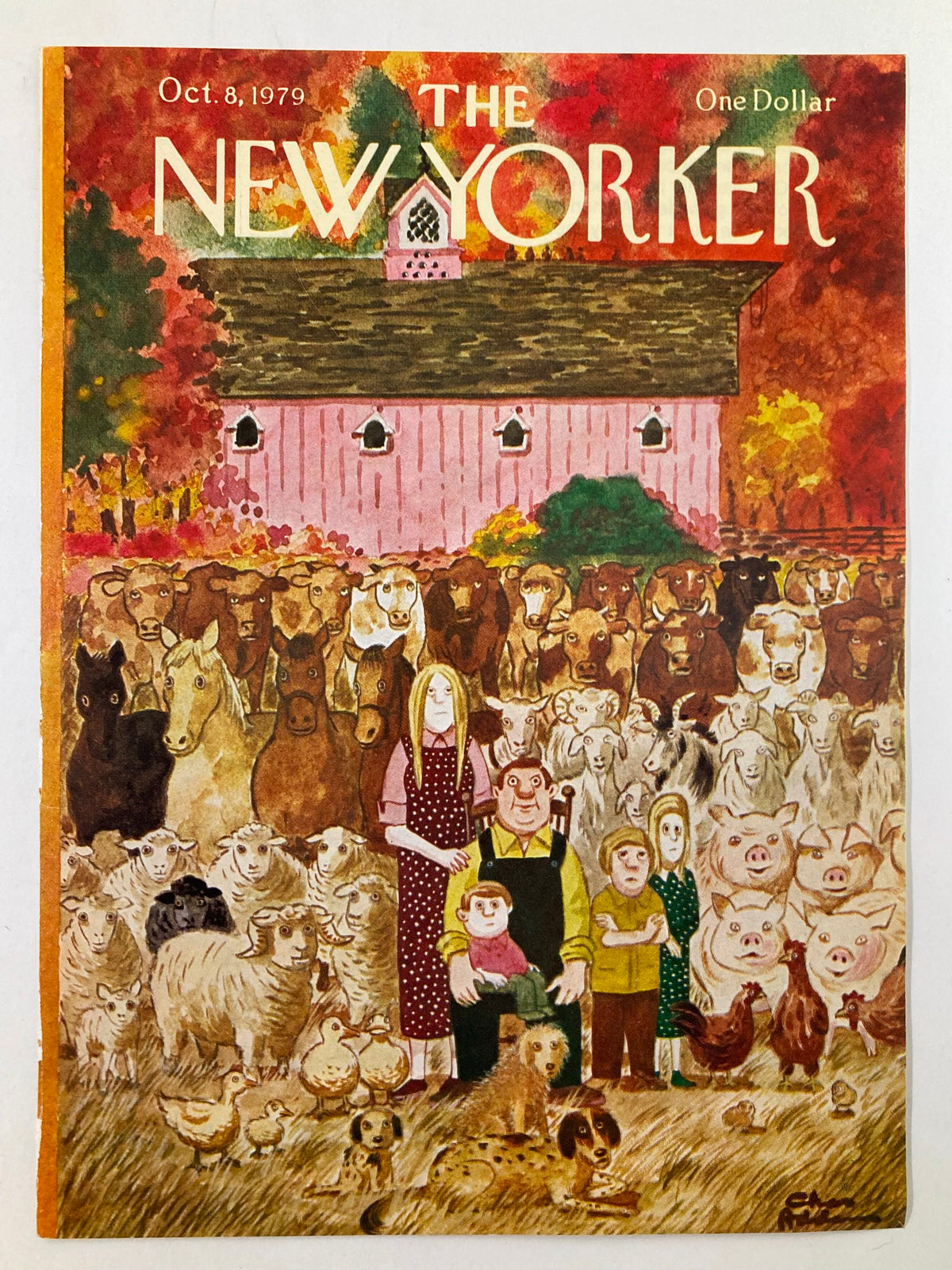 Cover of The New Yorker from October 8, 1979, depicting a whimsical Farm Family illustration by Chas Addams, surrounded by various farm animals in autumn colors.