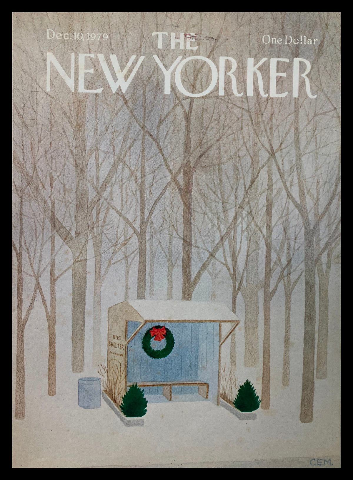 The New Yorker December 10 1979 Bus Shelter cover featuring soft-toned winter scene with a bus shelter decorated with a wreath, representing nostalgic magazine art.