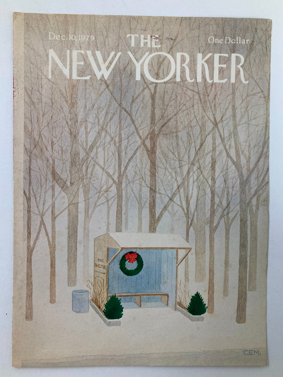 The New Yorker December 10 1979 Bus Shelter cover showcasing a serene winter landscape with a bus shelter adorned with a holiday wreath, ideal for collectors and art enthusiasts.