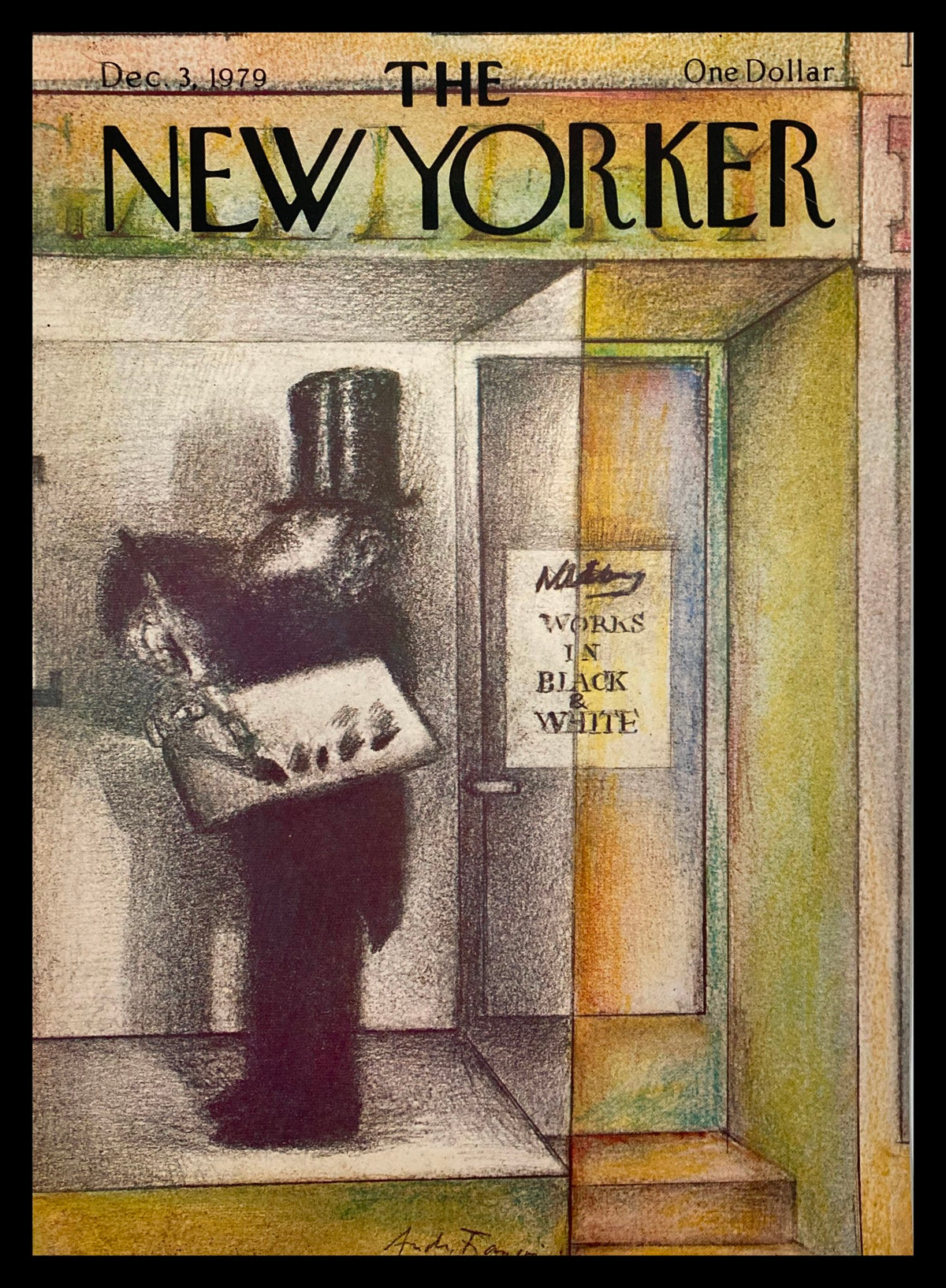 COVER ONLY The New Yorker December 3 1979 Black & White by A. Francois, featuring a gentleman with a top hat holding a portfolio in front of a gallery door with the sign 'Works in Black & White'.