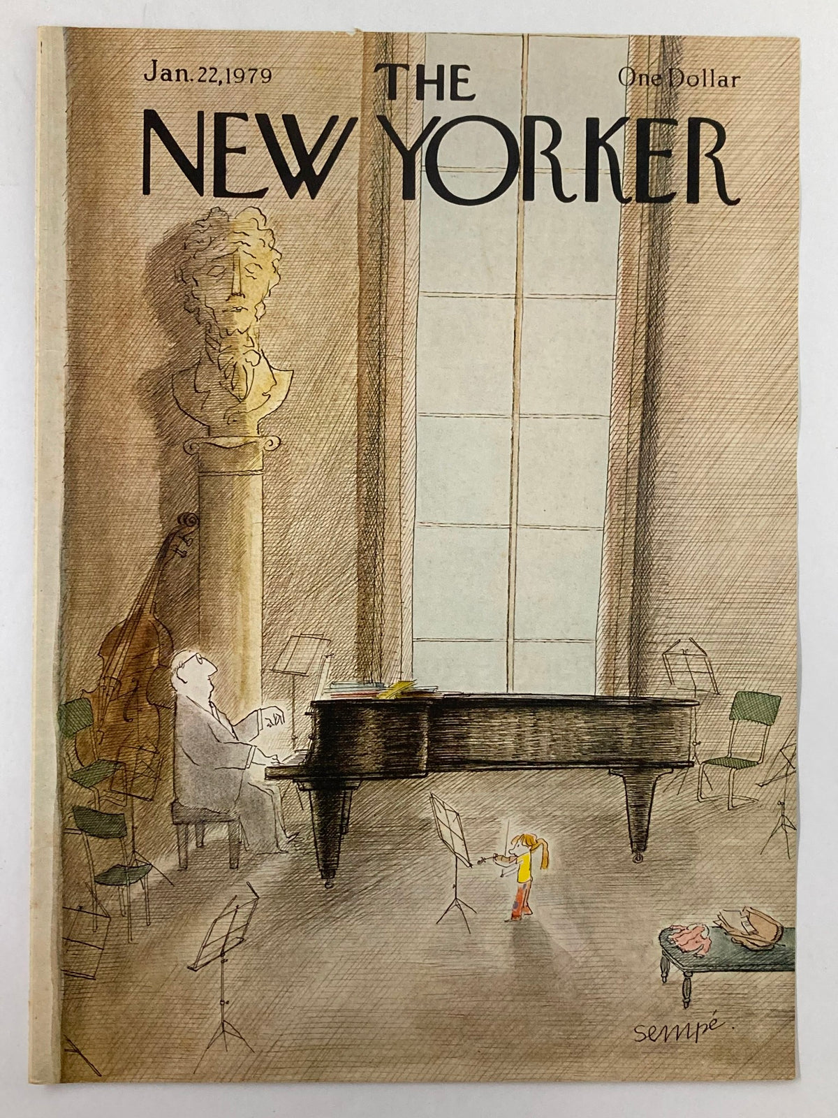 The New Yorker magazine cover from January 22, 1979, entitled 'Music Lesson' by J. J. Sempé, showcasing a whimsical scene of a pianist and a young girl in a music room.