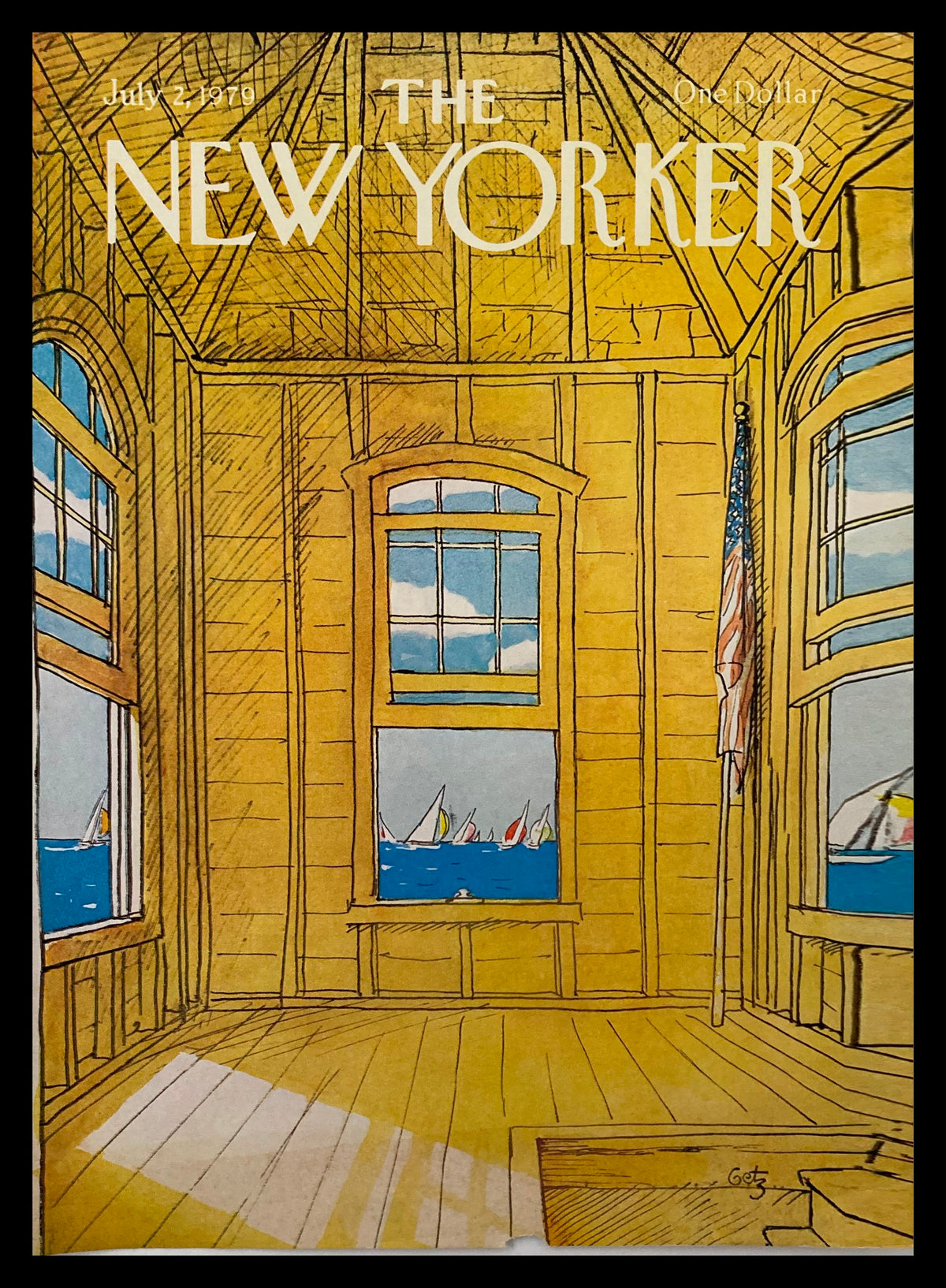 Cover of The New Yorker magazine dated July 2, 1979, featuring an illustration of a wooden room with large windows showing sailboats in the ocean, created by Arthur Getz.
