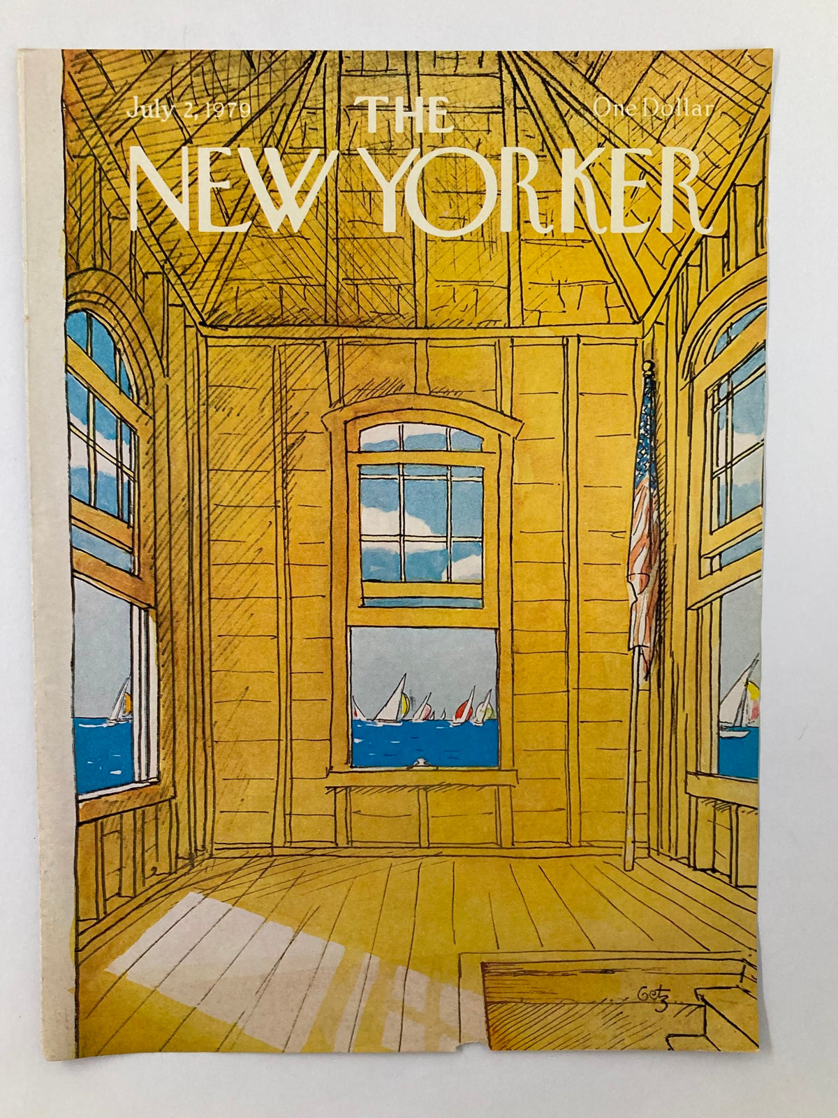 Cover of The New Yorker magazine from July 2, 1979, displaying a colorful illustration of a sunlit room with windows overlooking a sea with sailboats, drawn by Arthur Getz.