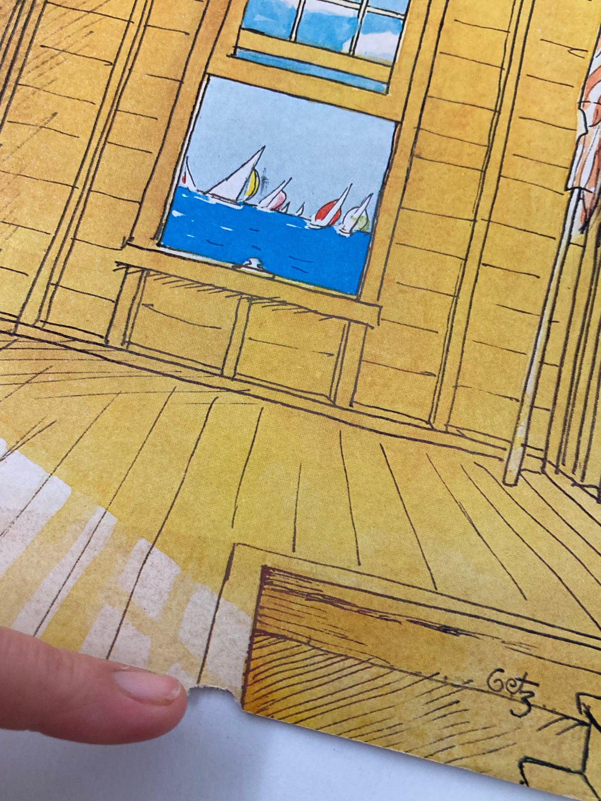 Detail of the cover illustration of The New Yorker magazine July 2, 1979, highlighting the wooden floor and a window view of sailboats in the ocean, by artist Arthur Getz.