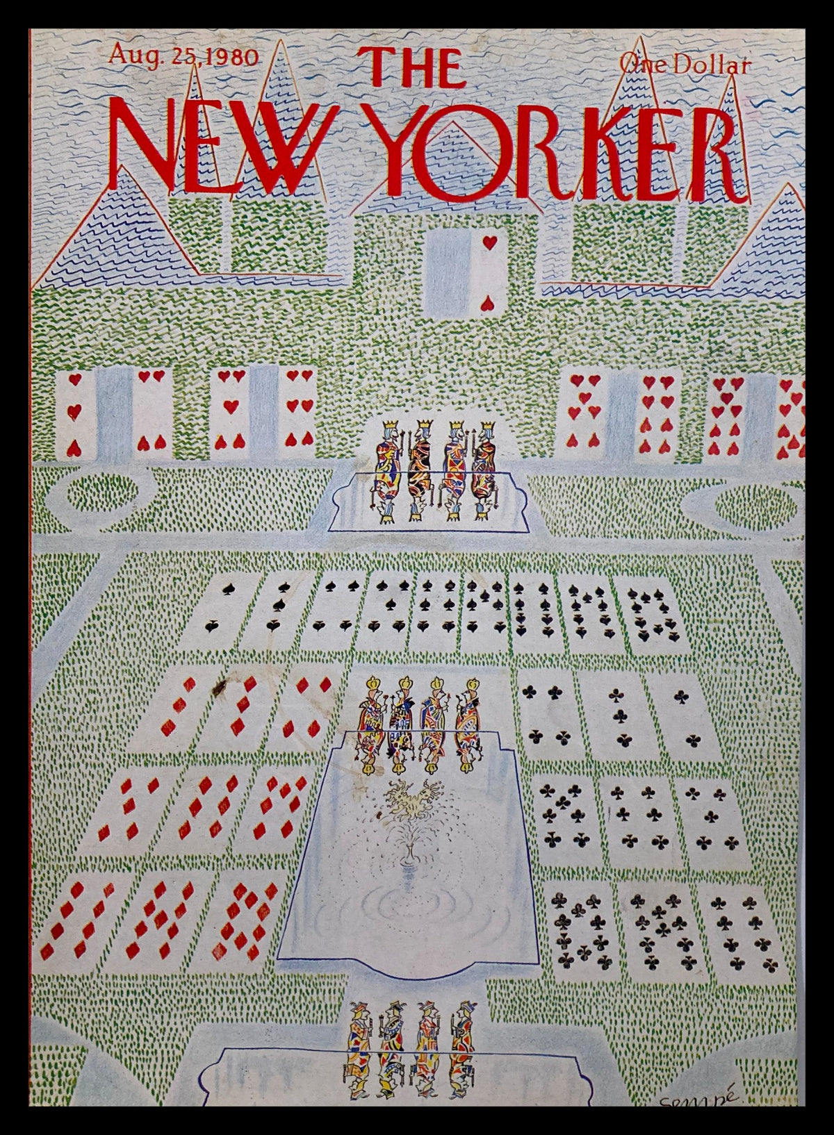 Cover of The New Yorker August 25, 1980 titled 'Royal Flush' by J. J. Sempé, featuring whimsical artwork depicting playing cards in a garden setting.