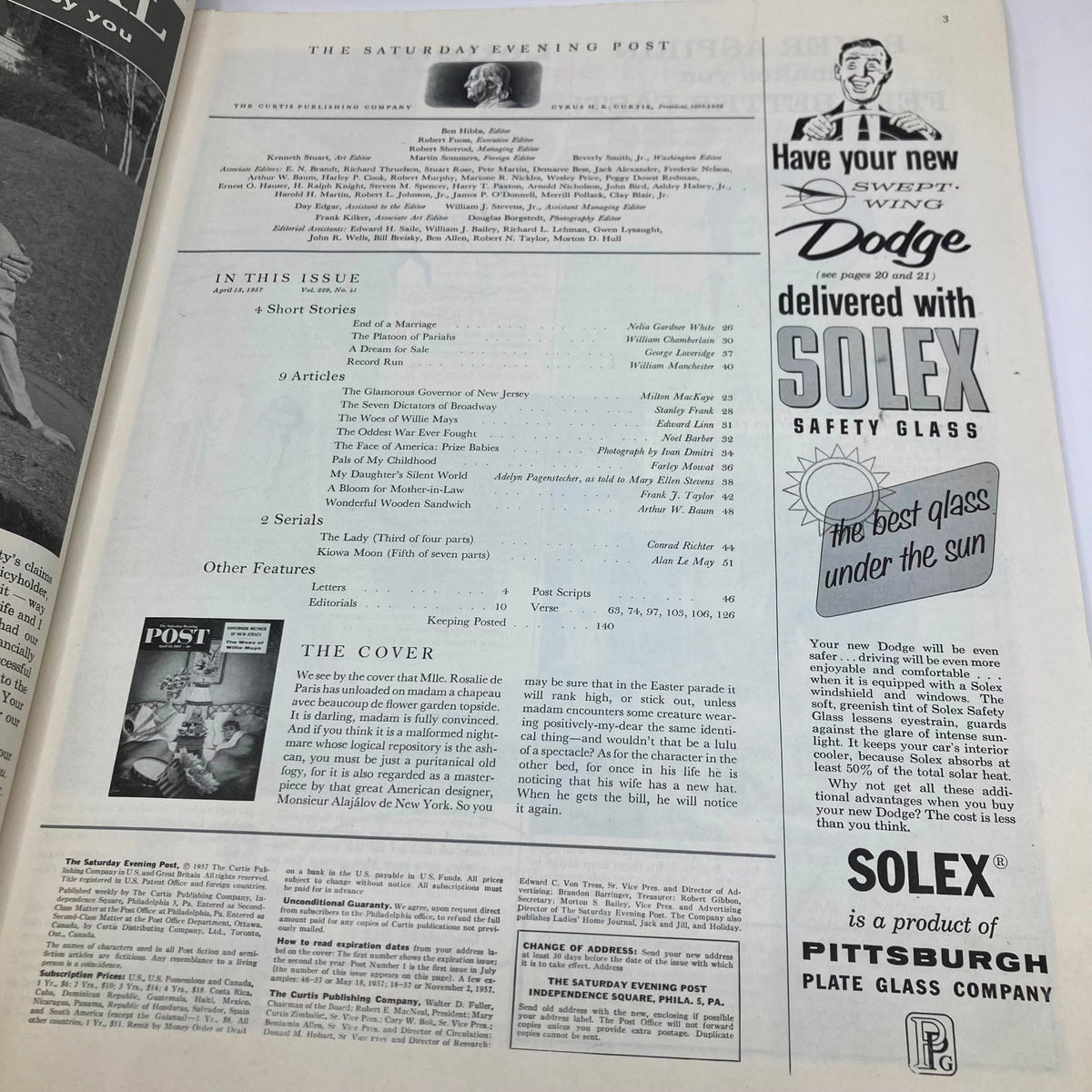 Inside page of Saturday Evening Post Magazine April 13 1957 showcasing the contents and editorial features, emphasizing its historical significance and articles of the era.
